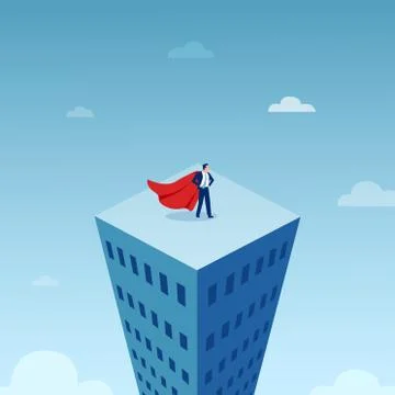 Vector of a business man in red cape on top of the tall city building Stock Illustration