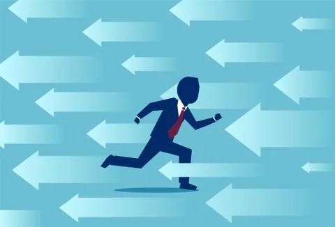 Vector of a business man running in opposite direction of multiple arrows Illustrazione stock