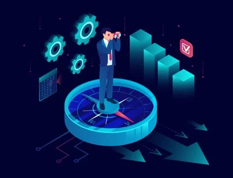 Vector of a business man standing on a compass and looking into binoculars fo Stock Illustration