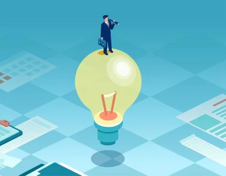 Vector of a business man standing on a light bulb looking into telescope Stock Illustration