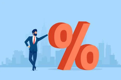 Vector of a business man standing next to a red big percentage symbol on a ci Stock Illustration