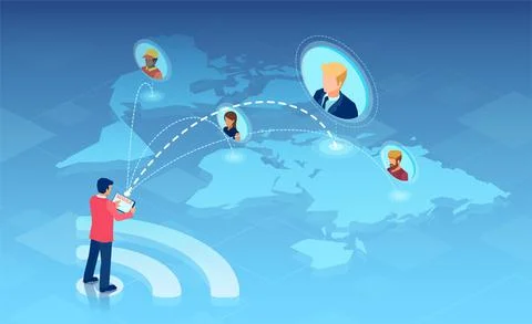 Vector of a business man with tablet computer connected online with team of f Stock Illustration