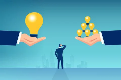 Vector of a business man thinking making a choice one big idea vs many small  Stock Illustration