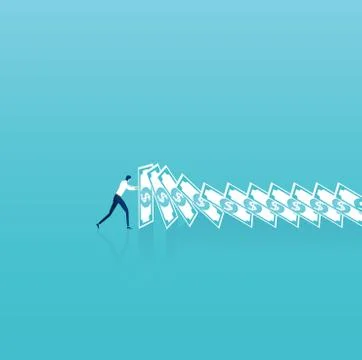 Vector of a business man trying to stop falling domino made of dollar banknot Stock Illustration