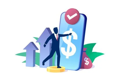 Vector of a business man using mobile phone app to trade and make money tra.. Stock Illustration