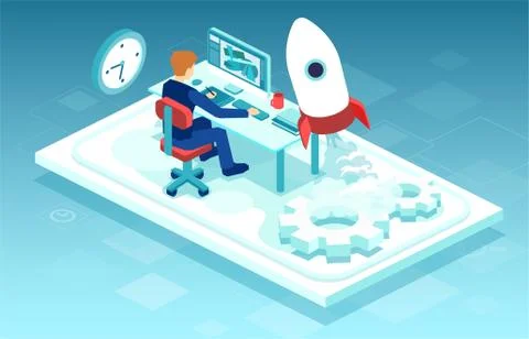 Vector of a business man working on computer launches a startup a rocket Stock Illustration