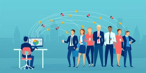 Vector of a business man working on computer managing business team communica Stock Illustration