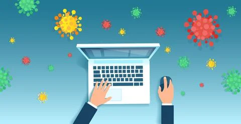Vector of a business man working on his computer remotely during coronavirus  Stock Illustration