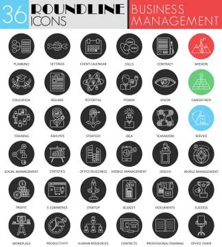 Vector Business management circle white black icon set. Modern line black icon Stock Illustration