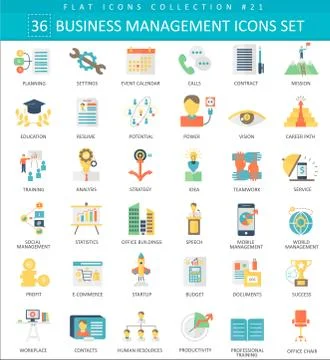 Vector Business management color flat icon set. Elegant style design. Stock Illustration
