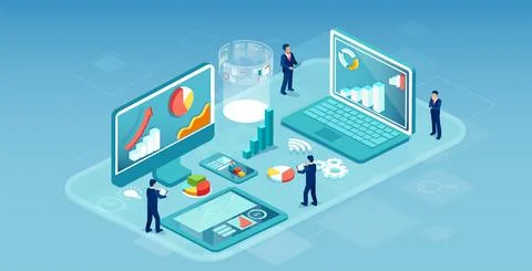 Vector of a business people team developing financial mobile apps for interne Stock Illustration