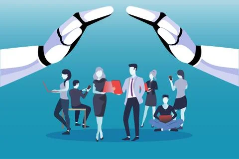 Vector of business people using mobile devices being protected by robot hands 스톡 일러스트