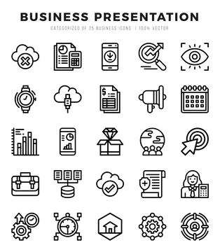 Vector Business Presentation types icon set in Lineal style. vector illustr.. Illustrazione stock