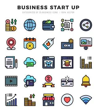 Vector Business Start Up types icon set in Lineal Color style. vector illus.. Stock Illustration