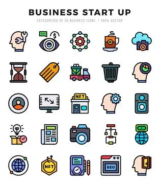 Vector Business Start Up types icon set in Lineal Color style. vector illus.. Stock Illustration