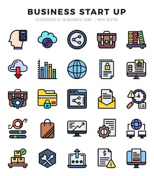 Vector Business Start Up types icon set in Lineal Color style. vector illus.. Stock Illustration