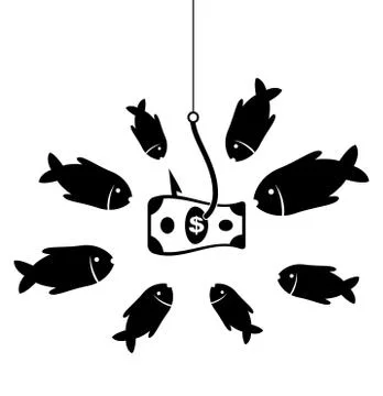 Vector business symbol with hook, bait, hungry fishes and dollar Stock Illustration