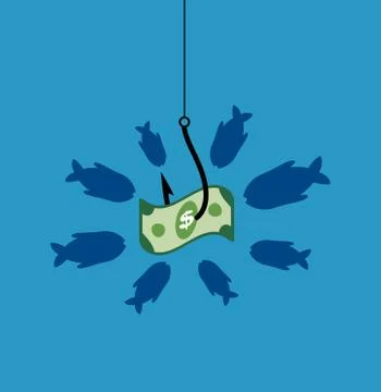 Vector business symbol with hook, bait, hungry fishes and dollar Stock Illustration