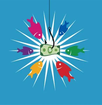 Vector business symbol with hook, bait, hungry fishes and dollar Stock Illustration