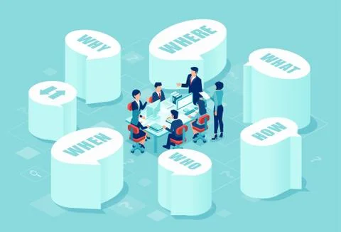 Vector of business team developing new project asking key questions Stock Illustration