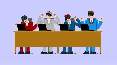 Vector of a business team using VR headsets around a table. Represents corp.. Stock Illustration