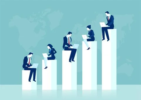 Vector of a business team working on laptops conducting online research for m Stock Illustration