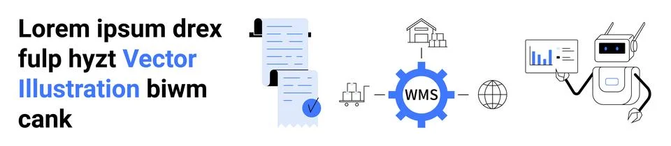 Vector Business Workflow Featuring Documents, WMS Gear, Robot Analyzing Data 스톡 일러스트