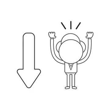 Vector businessman character with arrow moving down. Black outline. Stock Illustration