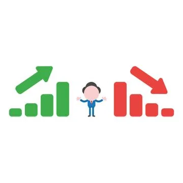 Vector businessman character between sales bar charts moving up and down Stock Illustration