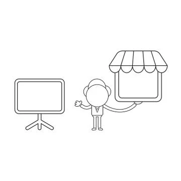 Vector businessman character with blank presentation chart and holding shop s Stock Illustration