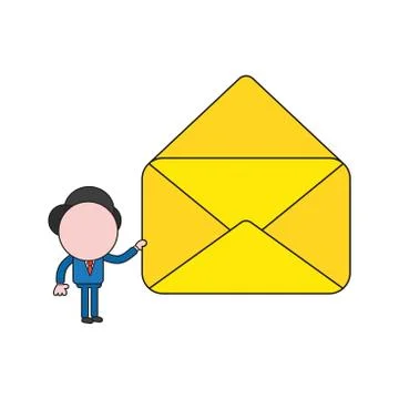 Vector businessman character with empty open envelope. Color and black outlin Stock Illustration