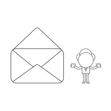 Vector businessman character with empty open mail envelope. Black outline. Stock Illustration
