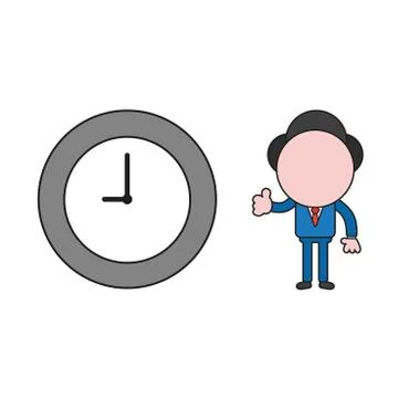 Vector businessman character gesturing thumbs up with clock time. Color and b Stock Illustration