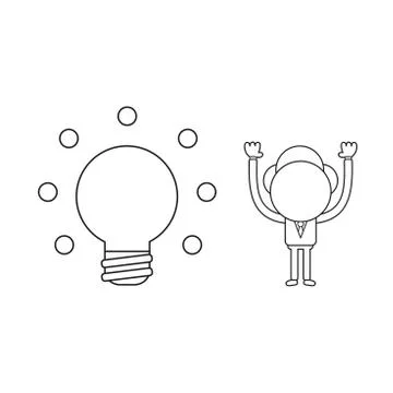 Vector businessman character with glowing light bulb. Black outline. Stock Illustration