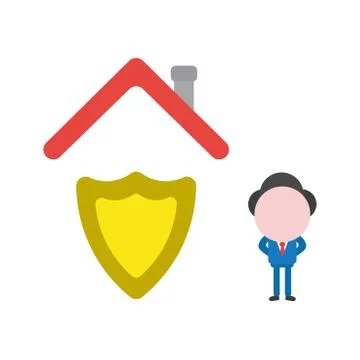 Vector businessman character with guard shield under house roof Stock Illustration