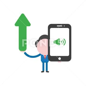 Vector businessman character holding arrow moving up and smartphone with soun Stock Illustration