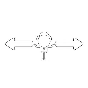 Vector businessman character holding arrow pointing left and right. Black out Illustrazione stock