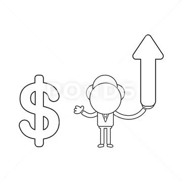 Vector businessman character holding arrow moving up and pointing dollar symb Stock Illustration