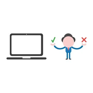 Vector businessman character holding check and x marks with laptop computer Stock Illustration