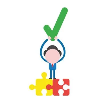 Vector businessman character holding up check mark on two connected jigsaw pu Stock Illustration