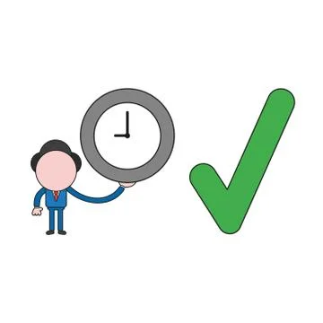 Vector businessman character holding clock with check mark. Color and black o Illustrazione stock