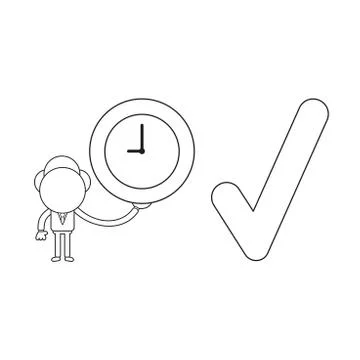 Vector businessman character holding clock with check mark. Black outline. Illustrazione stock