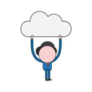 Vector businessman character holding up cloud. Color and black outlines. Stock Illustration