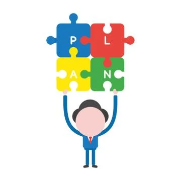 Vector businessman character holding up connected plan jigsaw puzzle pieces Stock Illustration