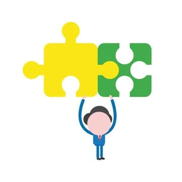 Vector businessman character holding up connected jigsaw puzzle pieces Stock Illustration
