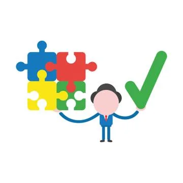 Vector businessman character holding connected jigsaw puzzle pieces and check Stock Illustration