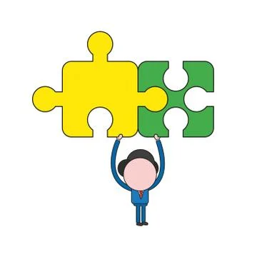 Vector businessman character holding up connected jigsaw puzzle pieces. Color Illustrazione stock