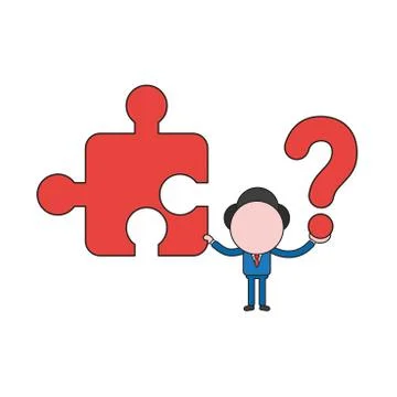 Vector businessman character holding missing jigsaw puzzle piece and question Stock Illustration