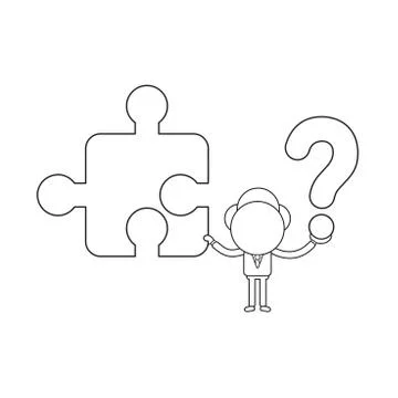 Vector businessman character holding missing jigsaw puzzle piece and question Stock-Illustration