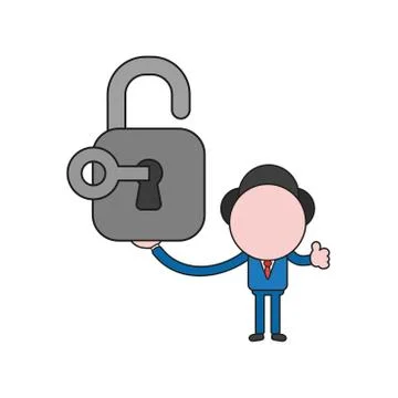 Vector businessman character holding open padlock with key and showing thumbs Stock Illustration